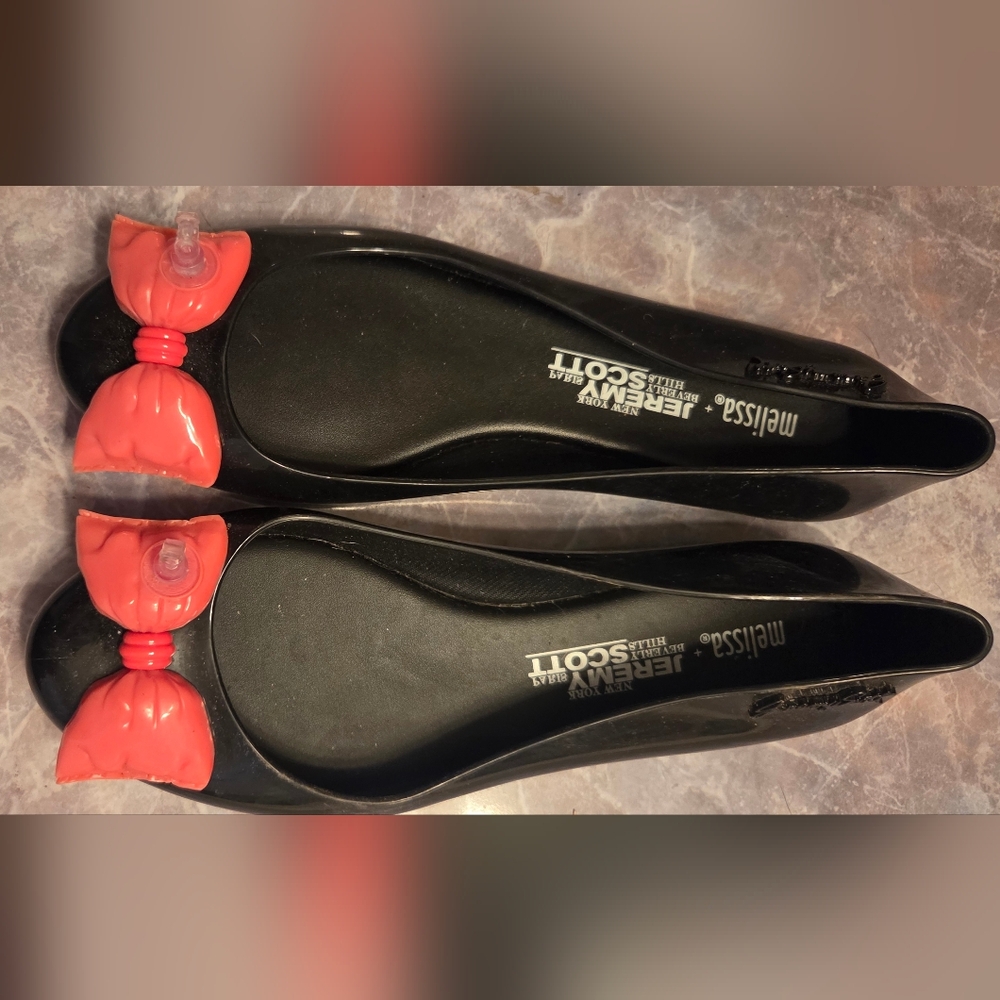 Melissa Black Jelly Flats with Coral Bow Accents